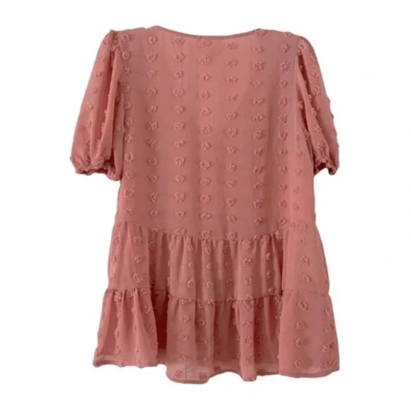 Flower & Feather | Pink Boho Textured Swiss Dot Tiered Peasant Top, Medium - Picture 2 of 5